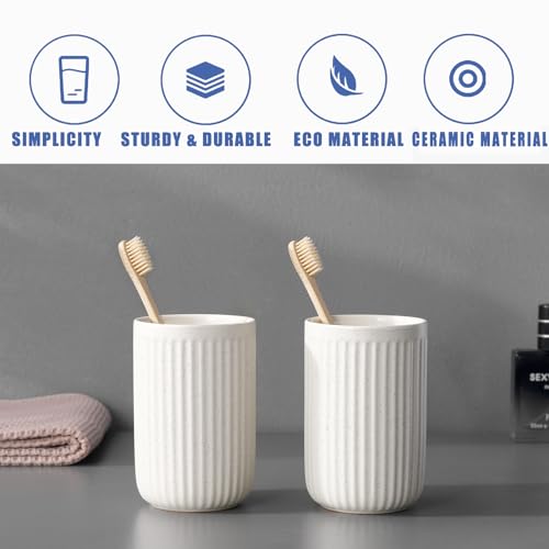 BSDISP Toothbrush Holders - 2 Cup Ceramic Toothbrush Toothpaste Holders Set, Beige Bathroom Tumbler Cups Reusable Toothbrush Mouthwash Cup, Bathroom Counter Organizer - Thumbnail 3