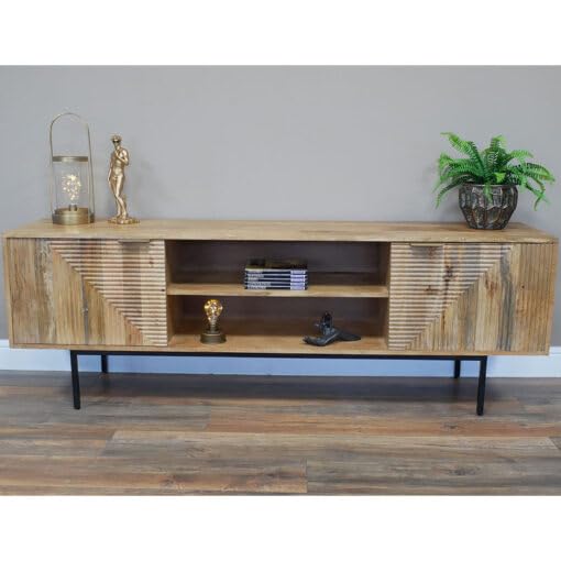 Solid Mango Wood Fluted TV Unit with Geometric Carved Doors & Metal Legs-image-27