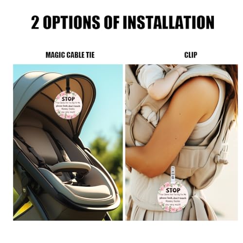Image of 2 Pack Rose Flower Style Do Not Touch Signs Greenery Stop No Touching Car Seat Sign Stroller Tag with Hanging Strap and Clip Durable Car Safety Signs Tags for Car Accessories 5 Inches