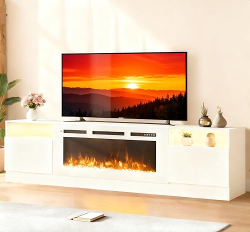 Image of MXV 70 inch Fireplace TV Stand for TVs Up to 80 inch, LED Light Entertainment Center with 36 inch Electric Fireplace, Modern Wood Texture TV Media Console with Highlight Storage Cabinet, White-White