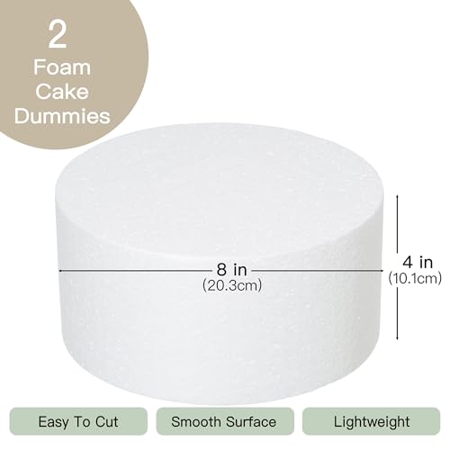 Crafare 8x4Inch Foam Dummy Round Cake for Crafts 2pcs Round Cake Dummy Discs for Cake DIY Projects Wedding Holiday Christmas Crafts Making and School Modeling