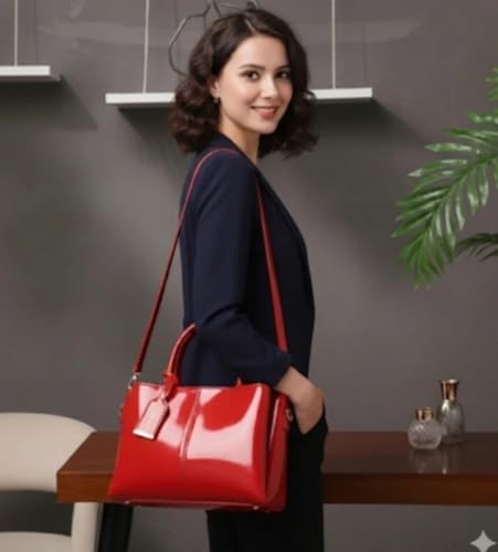 Image of Women's Top Handle Bag | Hand Held bag | Stylish Patent Synthetic Leather Handbag with Dual Handles & Detachable Sling Strap | Beige Shoulder Purse for Work & Casual Outings