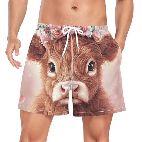 Men's Swim Trunks Cute Highland Cow Garland, Quick Dry Beach Board Shorts with Liner, Swimwear Bathing Suits S