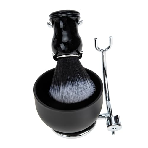 HONITANO Brocha de Afeitar y Cuenco con Soporte Multifuncional para Hombre Kit de Afeitado con Brocha de Espuma Densa y Mango Ergonómico para Barbas y Bigotes Color Negro y Plata