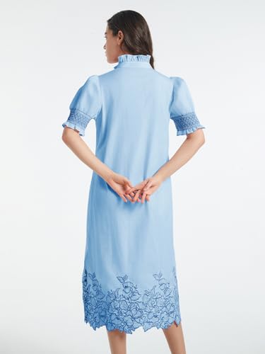 Image of Women's Summer Embroidered Midi Dress 2026 Button Down Short Sleeve Floral Shirt Dress