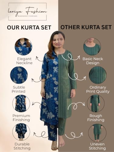Image of Leriya Fashion Women's Cotton Printed A-Line Kurti Pant Set | Abstract Leaf & Floral Kurta with Trouser Pant | Casual Ethnic Co-ord Set for Women Stylish | Elegant Anarkali Style Tunic Kurta Set