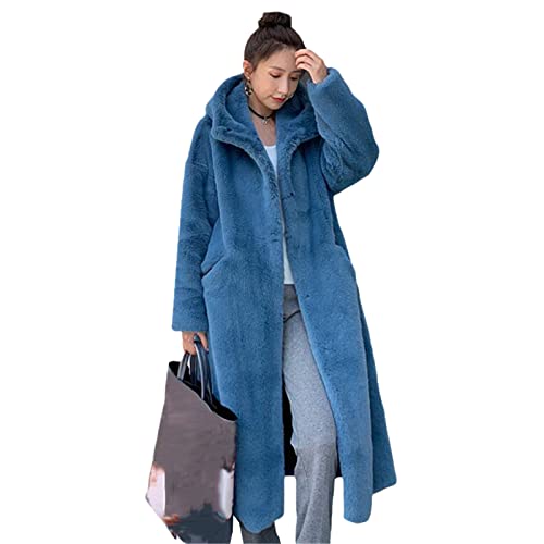 Wintermantel Frauen Kunstpelz Mantel Koreanisch Kapuzen Lange Jacke Lose Dicke Warm Faux Pelz Jacke, Blau - Smoky Blue, 42