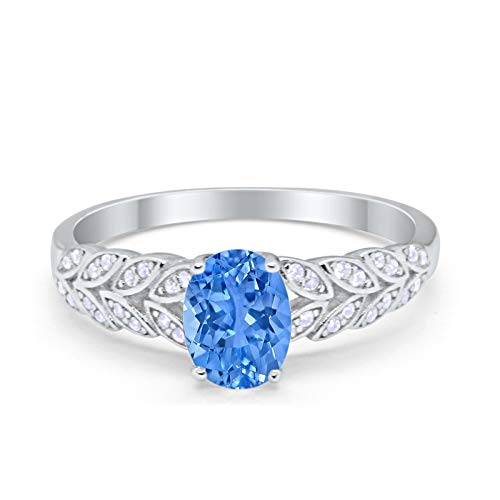 Wedding Engagement Ring Solitaire Art Deco Floral Accent Oval Round Simulated Blue Topaz Cubic Zirconia 925 Sterling Silver Size-7