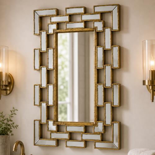NXHOME Gold Wall Mirror, 24 x 16 Inch Geometric Decorative Mirror | Antiqued Finish with Grecian-Inspired Mirrored Accents