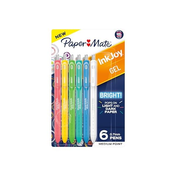 Paper Mate InkJoy Bright Gel Pens Medium Point (0.7mm) Retractable Assorted Opaque Ink 6-Pack Comfortable Grip Vivid Colors