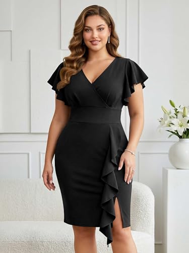 Image of Miusol Women's Plus Size Vintage V Neck Ruffles Sleeve Bodycon Business Cocktail Party Pencil Dress