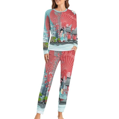 Pyjama femme avec t-shirt à manches longues et pantalon pour nuit