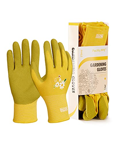 Pacific Ppe 3 Pairs Gardening Gloves For Women, Latex Coated Garden Gloves, Breathable, Medium Size Fits Most, Yellow #TOP11