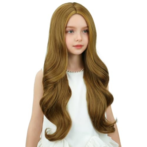 Image of Child Ash Blonde Wig Girls Long Ash Blonde Wavy Curly Wig Long Middle Part Wigs for Kids Heat Resistant Synthetic Wigs with Cap