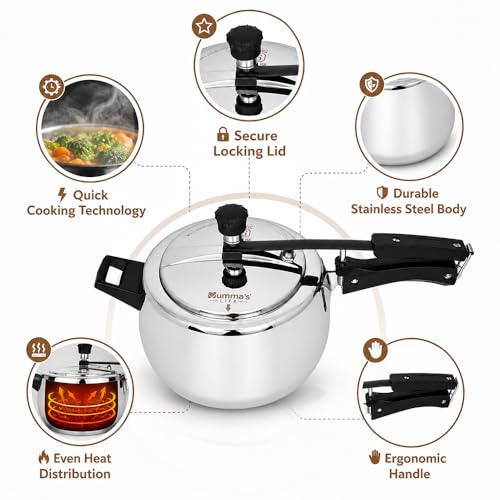 Image of Mumma's LIFE Cooker 5 Litres Stainless Steel | Heavy-Duty Silver Pressure Cooker with Inner Lid | Cool-Touch Handles | ISI Certified Lock System | Induction & Gas Stove Compatible