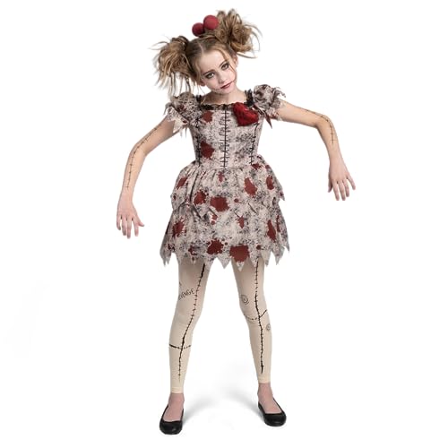 Spooktacular Creations Niños Voodoo Costume, Voodoo Doll Dress Costume for Girls Halloween Dress up, Juegos de rol y fiestas de disfraces (Large (10-12 yrs), White+Red)