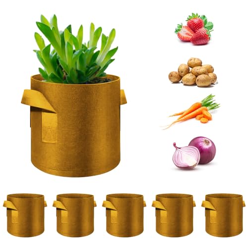 FineGearPow 5-Pack 20 Gallon Grow Bags Heavy Duty Thickened Nonwoven Fabric Pots with Handles, Plant Grow Bags for Vegetables/Flower/Plant/Fruits, Brown