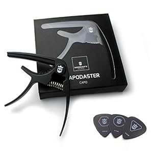 MORIATY® QuickChange capodaster voor gitaar + 3 plectrums + gitaarschool, extreem robuuste capo voor westerngitaar, akoestische gitaar, concertgitaar, elektrische gitaar, banjo en ukelele