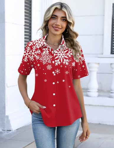 Image of Christmas Outfits for Women Button Down Shirts Short Sleeve Tops Cute Shirt