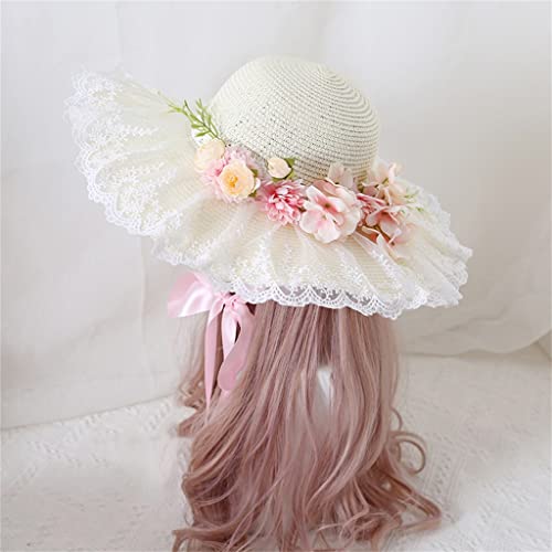Chapeau de soleil femme grand bord paille dentelle pour plage et voyage