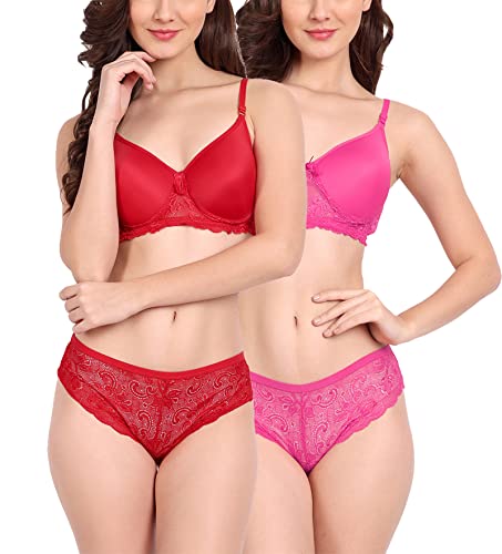 Image of FIMS - Fashion is my style Women Cotton Floral Lace Padded, Non-Wired, Full Coverage, Seamless Bra Panty Set, Multicolor, Lingerie Set