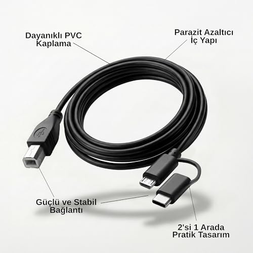 Furalis Type-C + Micro USB to USB-B Yazıcı/MIDI Bağlantı Kablosu (1 METRE) - Printer, Tarayıcı, MIDI Klavye, Ses Kartı, Dijital Piyano - DJ ve Müzik Ekipmanları Uyumlu - Görsel 5
