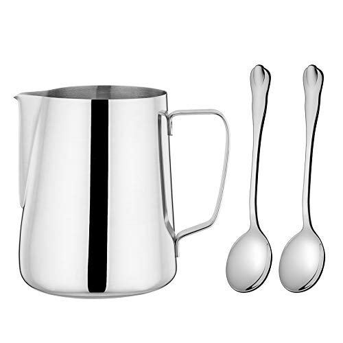 LIANYU Frothing Pitcher Stainless Steel 12 oz Milk Steaming Coffee Creamer Pitcher Attached Mini Tea Coffee Spoons