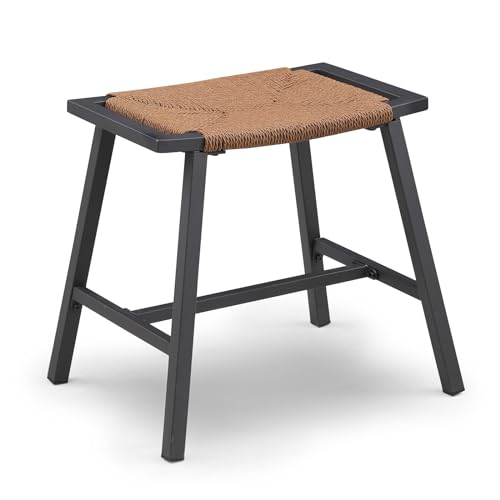 KAIRUITUCH 18" Stools, Dining Table Height Chairs Short Stools, Backless Kitchen Saddle Small Stool for Kitchen, Outdoor Brown Rope Weave Pattern Seat Black Metal Waterproof Powder Coat, 818DDB1