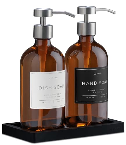 Glass Hand Soap Dispenser Set for Kitchen Sink & Bathroom – 2 x 500ml Refillable Bottles with Stainless Steel Pump, Washing-Up Liquid Dispensers, 15 Waterproof Labels & Silicone Tray (Amber/Silver)