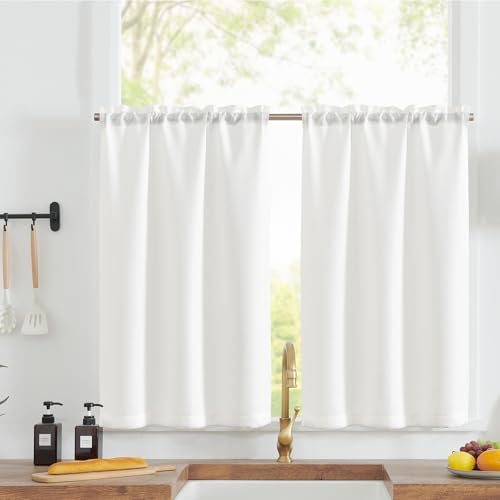 TOPICK Blickdicht Scheibengardine Küche Bistrogardine 2er Set H60xB90 Weiß | Lichtdurchlässig Küchenvorhänge mit Webstruktur Modern Kurzgardine Küchfenster landhausstil küchengardi