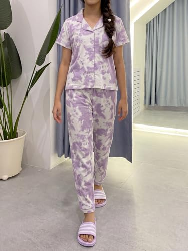 Image of Li'l Tomatoes Girls 100% Cotton Night Suit Set | Half Sleeve Shirt & Pyjama Set | Soft & Breathable Sleepwear | Casual Summer Wear | 9-16 Years