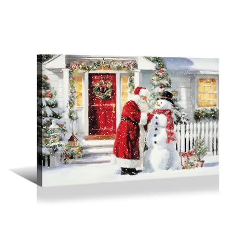 YONICA Santa with Snowman Canvas Wall Art 16x12 Inch, Christmas