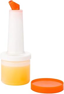 Restaurantware 0.5 qt Plastic Quick Pour Storage Container Bottle - with Orange Spout and Lid - Bar Storage Bottle - 3 1/2" x 3 1/2" x 10 1/4" - 1ct Box - Bar Lux
