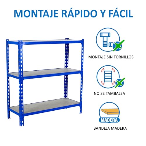Simon Rack Schwerlastregal, 1000x1100x400 mm, Bis 200 kg Belastbar, 3 Verstellbare Ablagen, MDF-Platten, Kellerregal, Lagerregal, Blau/Holz - Simonclick
