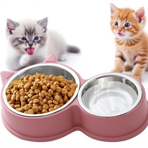 KATLKIU Set Doppia Ciotola per Gatti in Acciaio Inox, Base Antiscivolo, Lavabile in Lavastoviglie – Per Cibo Secco e Umido, Design Carino a Forma di Gatto, Colori Vivaci Assortiti (Rosa)