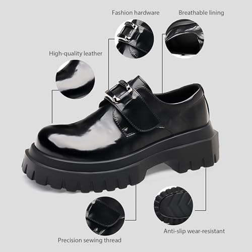 Men's Leather Platform Block Heel Oxfords with Adjustable Hook and Loop Classic Round Toe Comfort Non-Slip Business Dress Shoes Heightening Soft Bottom Casual Derby Shoes2