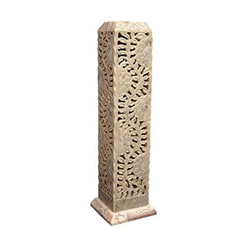 Crocon Handmade Incense Tower Burner Soapstone Leaf Design Tea Light Candle Holder | Incense Burner | Livingroom Decorative And Home Decor Best Gift Set - 3X3X11 Inch #TOP7