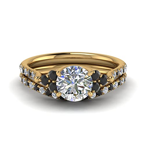Image of Choose Your Gemstone Round Cut Petite Cathedral Wedding Ring Set Yellow Gold Plated Round Shape Wedding Ring Sets Matching Jewelry Wedding Jewelry Easy to Wear Gifts US Size 4 to 12