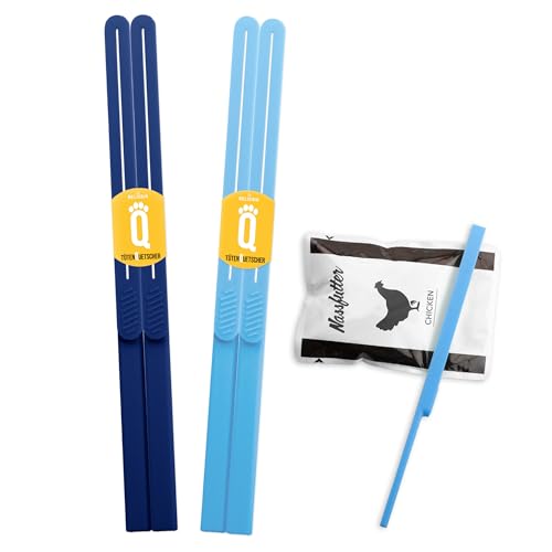 Belissia 4 Stück - Tütenquetscher | Abstreifer/Ausquetscher für Nassfutter Beutel | 2X Azurblau + 2X Marineblau | Spülmaschinenfeste Entleerungshilfe für Nassfutter in Sauce oder Gelee