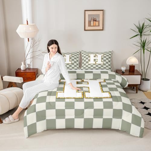 Image of Erosebridal Sage Green Checkered Bedding Set Full Plaid Initial H Comforter Set for Kids Adults Personalized Monogram Down Comforter,Fashion Grids Gingham Quilt Duvet