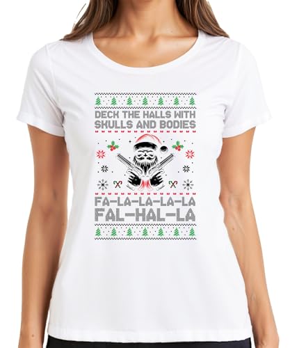 Falhalla Calavera Santa Ugly Sweater - Camiseta de Navidad para mujer, Blanco, XL
