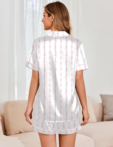Image of Ekouaer Womens Satin Silk Pajamas Set Short Sleeve Sleepwear Button Down Top and Shorts Loungewear 2 Piece Pjs Set S-XXL