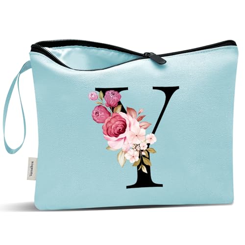 Image of Vavabox A-Z Personalized Makeup Bag, Birthday Gifts for Women Mom, Gifts for Best Friend, Bride Bridesmaid Cosmetic bag (Y, Aqua)
