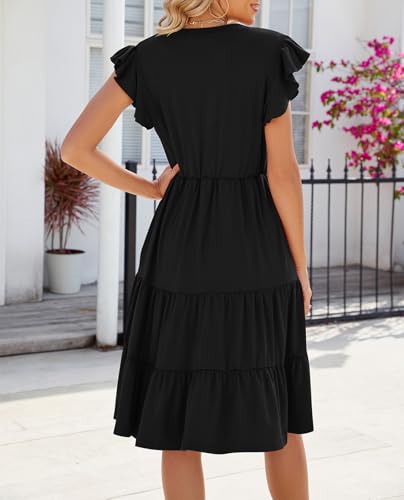 Image of Womens Summer Dress Ruffle Sleeve V Neck Midi Dresses Casual Fit Flowy Tiered Boho Beach Vacation Sundress