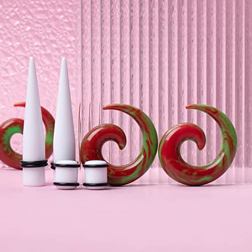 Cabbe Kallo Ear Stretching Kit 50 Pcs 14G-00G Silicone Spiral Tunnels Acrylic Tapers And Plugs Gauges Expander Set Body Piercing Jewelry (Red/Green) #TOP4