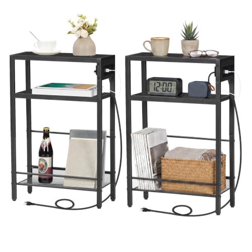 Image of HOOBRO Small Narrow Side Table with Charging Station Set of 2, Skinny End Table for Small Spaces, Slim Nightstand with USB Ports Outlet, Sofa Beside Table with Storage Shelf BB102UBZP201