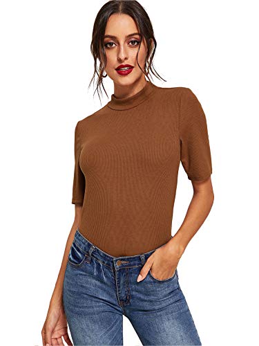 SheIn Women's Mock Neck Turtleneck Tee Shirt Short Sleeve Slim Fit Ribbed Knit T-Shirt Top Coffee Small