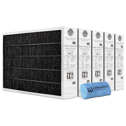 Lennox X6672 16x25x5 Furnace Filter, Lennox Healthy Climate Carbon Clean Merv 16 Home HVAC Air filter, 5 Pack with Cleaning Cloth