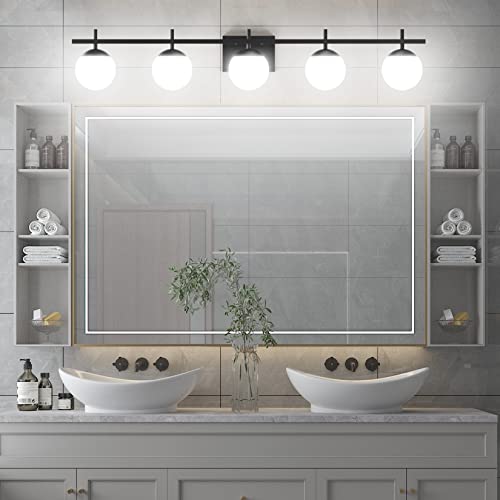 Image of Ralbay Mid Century Modern Vanity Lights Black Milky Glass Mid Century Bathroom Vanity Lights Over Mirror, Wall Light for Bathroom Black 5 Light