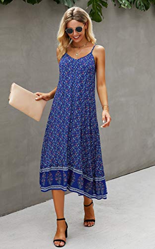 Image of Angashion Women's Dresses Floral Adjustable Spaghetti Strap V Neck Boho Long Maxi Dress Summer Beach Flowy Ethnic Sundress